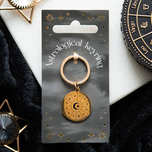 Astrology Wheel Gold Tone Metal Keyring